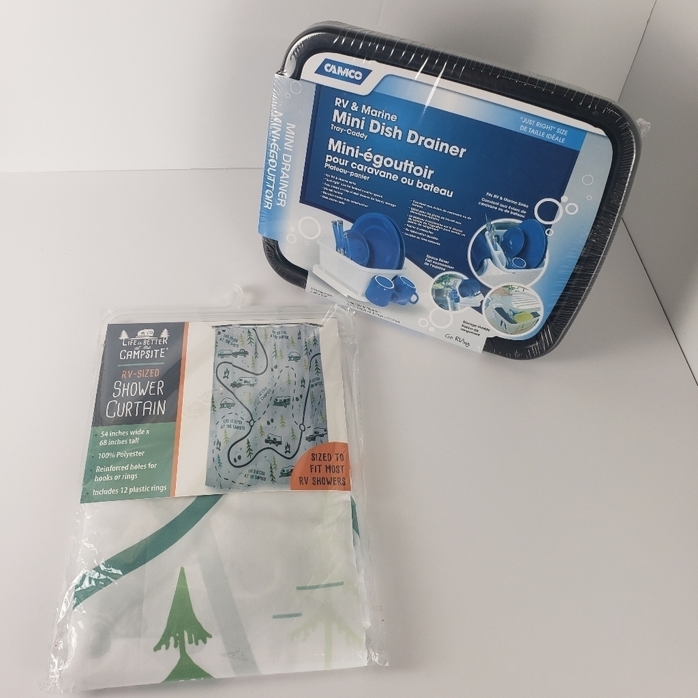 Camco Mini Dish Drainer Caddy  & Life is Better at the campsite Shower Curtain